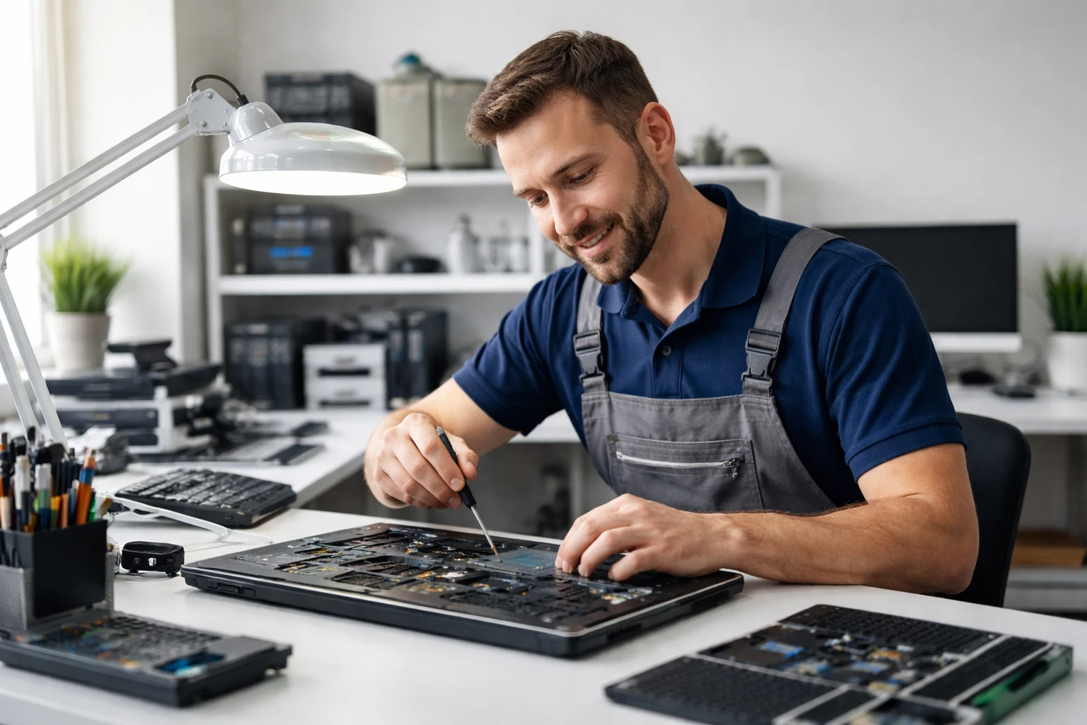 Technician servicing laptop in workshop