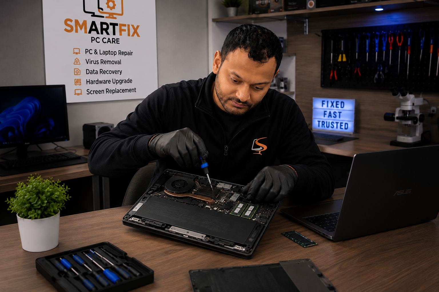 Professional laptop repair technician repairing an open ASUS laptop motherboard at SmartFix PC Care service center